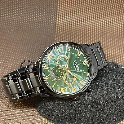 Pre-owned Citizen Eco-drive Ap1055-87x Green Moon Phase Blue Analog Black Band Roman Watch