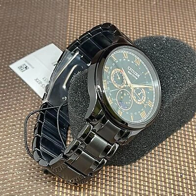 Pre-owned Citizen Eco-drive Ap1055-87x Green Moon Phase Blue Analog Black Band Roman Watch