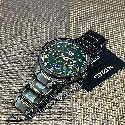 Pre-owned Citizen Eco-drive Ap1055-87x Green Moon Phase Blue Analog Black Band Roman Watch