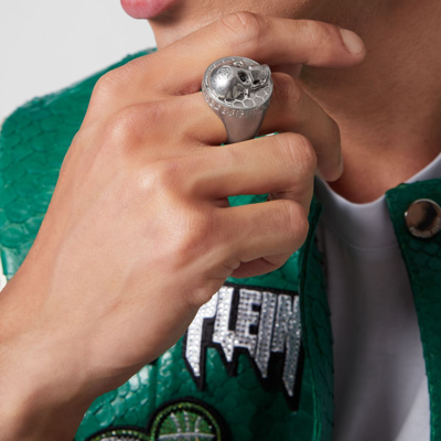 Pre-owned Philipp Plein Men's Ring Stainless Steel Silver 3d Skull Pj8aa09r