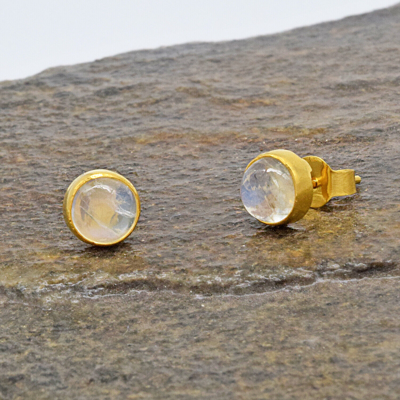 Pre-owned Handmade Stud Engagement Earrings 18k Yellow Gold Natural Moonstone Gemstone Jewelry