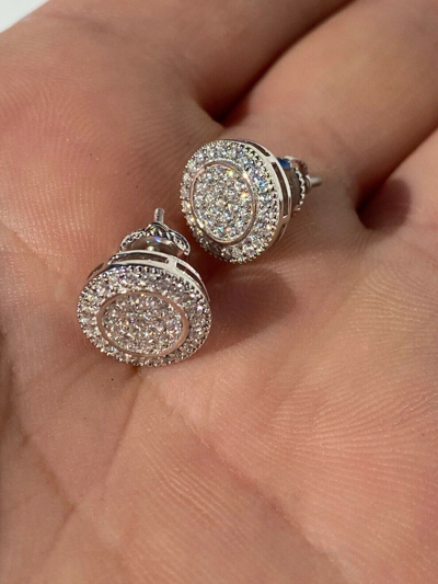 Pre-owned Silver 0.8ct Vvs Real Diamond Men's Solid 925  Iced Hip Hop Round Earrings 11mm In White