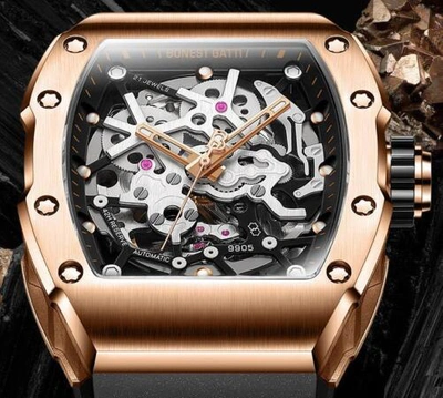 Pre-owned Gatti Fashion Gold  Auto Watch Mechanical Tonneau Formal Luminous Wristwatch Gift