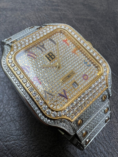 Pre-owned Hip Hop 14k Gold Plated & Stainless Steel Two Tone Real Mens Watch Iced Cz Arabic Dial