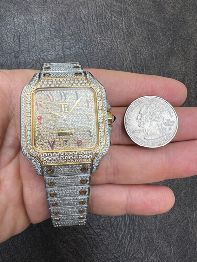 Pre-owned Hip Hop 14k Gold Plated & Stainless Steel Two Tone Real Mens Watch Iced Cz Arabic Dial