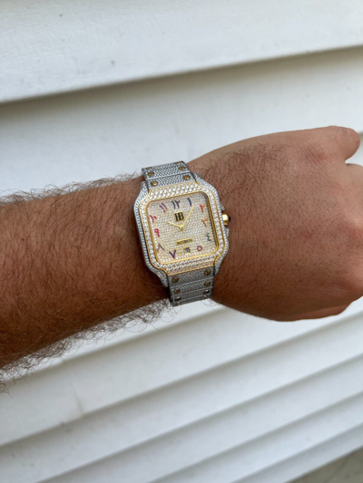 Pre-owned Hip Hop 14k Gold Plated & Stainless Steel Two Tone Real Mens Watch Iced Cz Arabic Dial