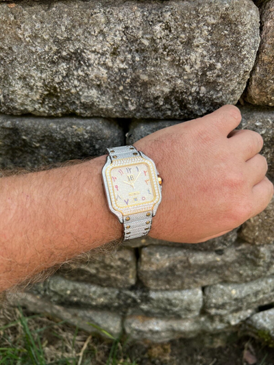 Pre-owned Hip Hop 14k Gold Plated & Stainless Steel Two Tone Real Mens Watch Iced Cz Arabic Dial