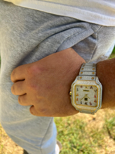 Pre-owned Hip Hop 14k Gold Plated & Stainless Steel Two Tone Real Mens Watch Iced Cz Arabic Dial