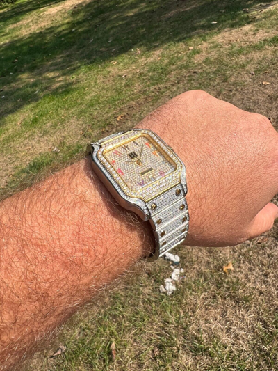 Pre-owned Hip Hop 14k Gold Plated & Stainless Steel Two Tone Real Mens Watch Iced Cz Arabic Dial