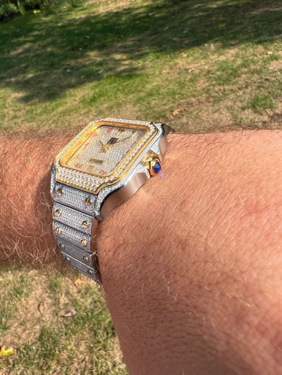 Pre-owned Hip Hop 14k Gold Plated & Stainless Steel Two Tone Real Mens Watch Iced Cz Arabic Dial