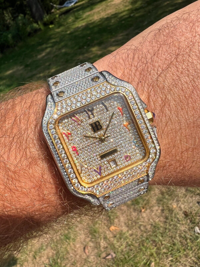 Pre-owned Hip Hop 14k Gold Plated & Stainless Steel Two Tone Real Mens Watch Iced Cz Arabic Dial