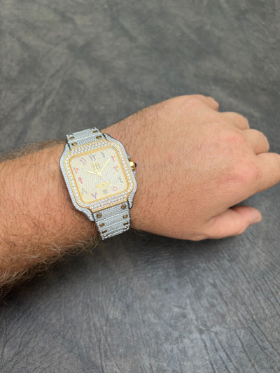 Pre-owned Hip Hop 14k Gold Plated & Stainless Steel Two Tone Real Mens Watch Iced Cz Arabic Dial