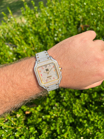 Pre-owned Hip Hop 14k Gold Plated & Stainless Steel Two Tone Real Mens Watch Iced Cz Arabic Dial