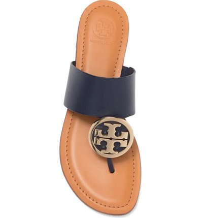 Pre-owned Tory Burch Metal Logo Benton Leather Thong Sandal Navy Blue Us 7 Authentic In Brown