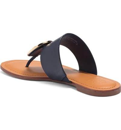 Pre-owned Tory Burch Metal Logo Benton Leather Thong Sandal Navy Blue Us 7 Authentic In Brown