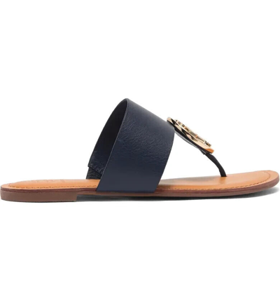 Pre-owned Tory Burch Metal Logo Benton Leather Thong Sandal Navy Blue Us 7 Authentic In Brown