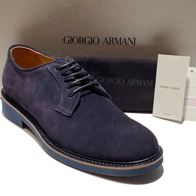Pre-owned Giorgio Armani Navy Blue Suede Leather Dress 10 43 Men's Derby Shoes Casual