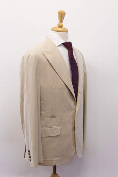 Pre-owned Brunello Cucinelli $5395  Men's Herringbone Sport Coat With Logo Buttons A228 In Beige