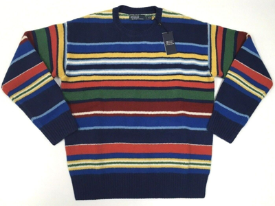 Pre-owned Polo Ralph Lauren Vtg Retro 100% Wool Rainbow Striped Colorblocked Knit Sweater