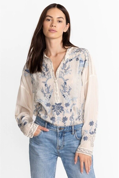 Pre-owned Johnny Was Alessa Tunic Long Sleeves Top Shirt Floral Embroidery Shell White
