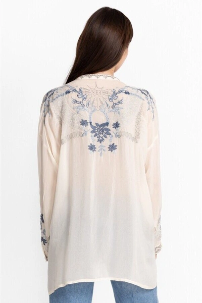 Pre-owned Johnny Was Alessa Tunic Long Sleeves Top Shirt Floral Embroidery Shell White