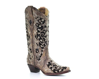 Pre-owned Corral Boots Corral Womens Brown Inlay & Flowered Embroidery & Studs & Crystals (a3569-ld)