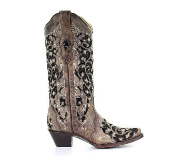 Pre-owned Corral Boots Corral Womens Brown Inlay & Flowered Embroidery & Studs & Crystals (a3569-ld)