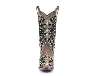 Pre-owned Corral Boots Corral Womens Brown Inlay & Flowered Embroidery & Studs & Crystals (a3569-ld)