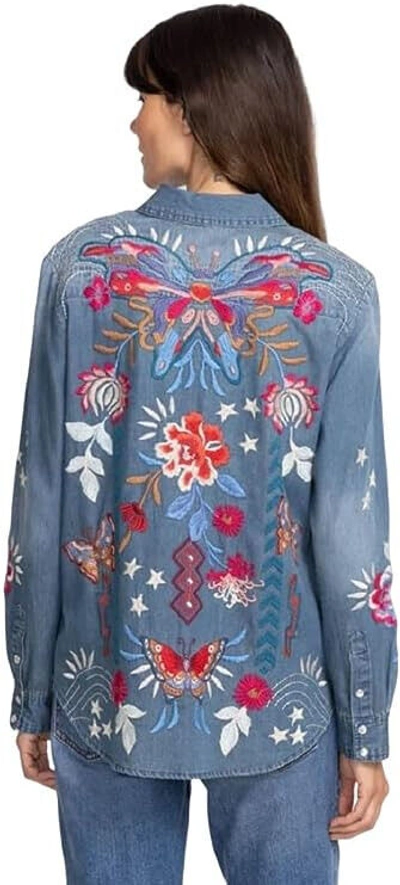 Pre-owned Johnny Was Mika Denim Pocket Shirt - W14523-7 In Denim Blue