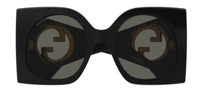 Pre-owned Gucci Gg1254s 001 Gg Logo Black Gold Grey Oversized Woman Sunglasses Authentic In Gray