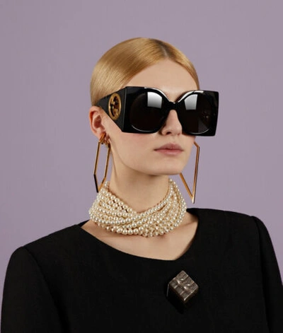 Pre-owned Gucci Gg1254s 001 Gg Logo Black Gold Grey Oversized Woman Sunglasses Authentic In Gray