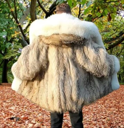 Pre-owned Handmade Real Coyote Fur Jacket Coat All Sizes White Fox Fur Shawl Collar Border Trim