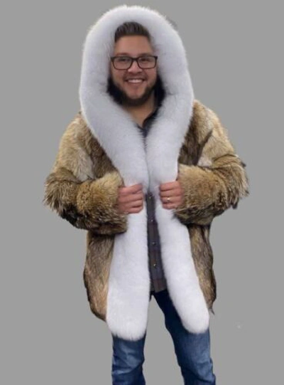 Pre-owned Handmade Real Coyote Fur Jacket Coat All Sizes White Fox Fur Shawl Collar Border Trim