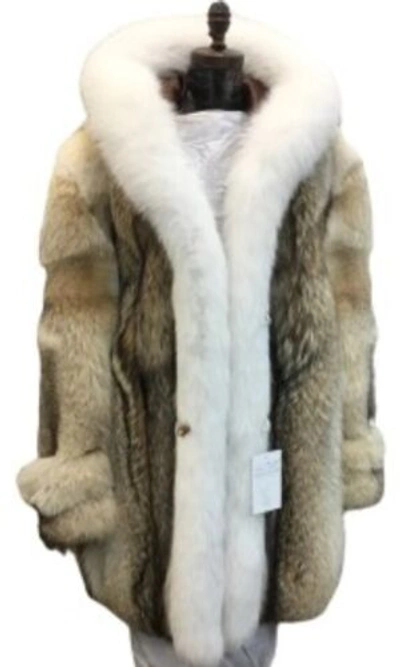 Pre-owned Handmade Real Coyote Fur Jacket Coat All Sizes White Fox Fur Shawl Collar Border Trim