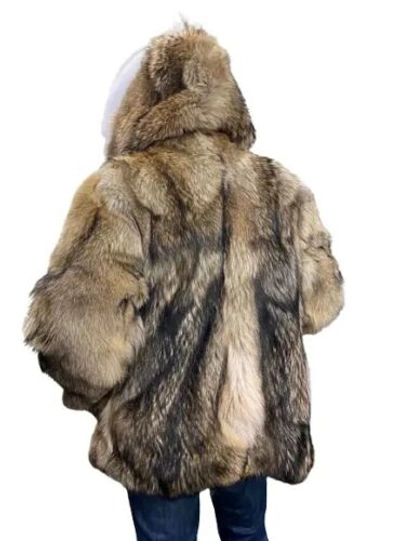 Pre-owned Handmade Real Coyote Fur Jacket Coat All Sizes White Fox Fur Shawl Collar Border Trim