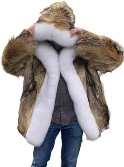 Pre-owned Handmade Real Coyote Fur Jacket Coat All Sizes White Fox Fur Shawl Collar Border Trim