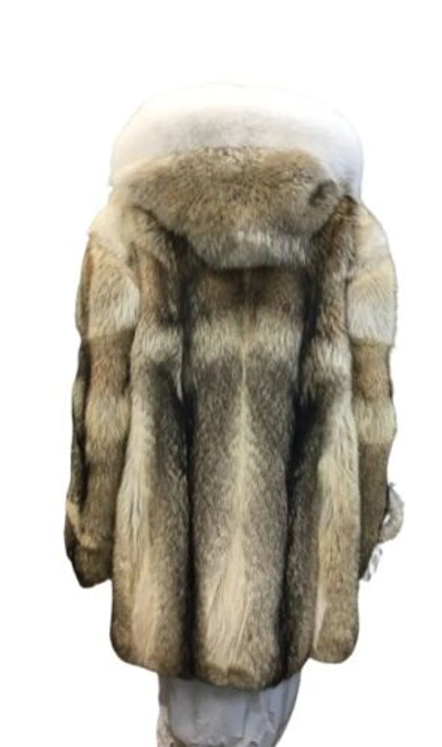 Pre-owned Handmade Real Coyote Fur Jacket Coat All Sizes White Fox Fur Shawl Collar Border Trim