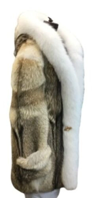 Pre-owned Handmade Real Coyote Fur Jacket Coat All Sizes White Fox Fur Shawl Collar Border Trim