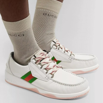 Pre-owned Gucci Men's Agrado 8 / 8.5 Us Web White Leather Sneakers Shoes $750 Authen