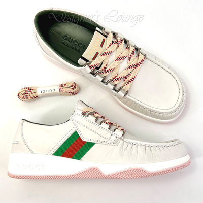 Pre-owned Gucci Men's Agrado 8 / 8.5 Us Web White Leather Sneakers Shoes $750 Authen