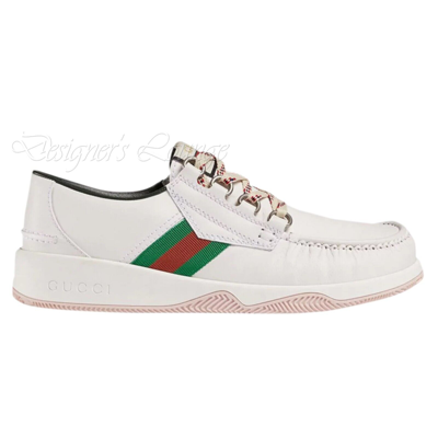 Pre-owned Gucci Men's Agrado 8 / 8.5 Us Web White Leather Sneakers Shoes $750 Authen