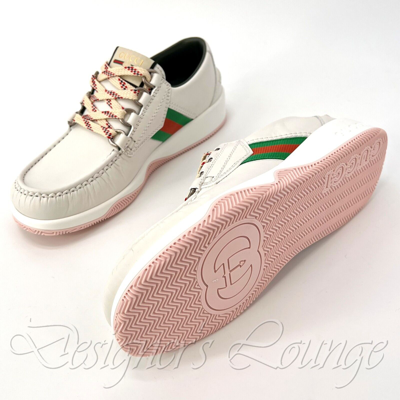 Pre-owned Gucci Men's Agrado 8 / 8.5 Us Web White Leather Sneakers Shoes $750 Authen