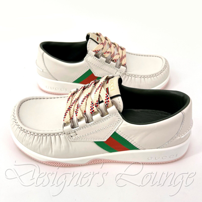 Pre-owned Gucci Men's Agrado 8 / 8.5 Us Web White Leather Sneakers Shoes $750 Authen