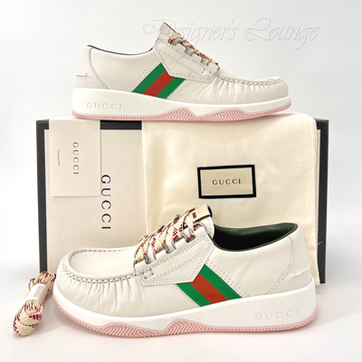 Pre-owned Gucci Men's Agrado 8 / 8.5 Us Web White Leather Sneakers Shoes $750 Authen