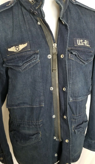 Pre-owned Polo Ralph Lauren Mens Denim Hooded Military Field Patch Jacket Size Xl In Blue