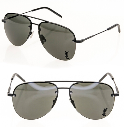 Pre-owned Saint Laurent Matte Black Classic 11 Ysl 001 Unisex Aviator Logo Sunglass Sl11m In Gray