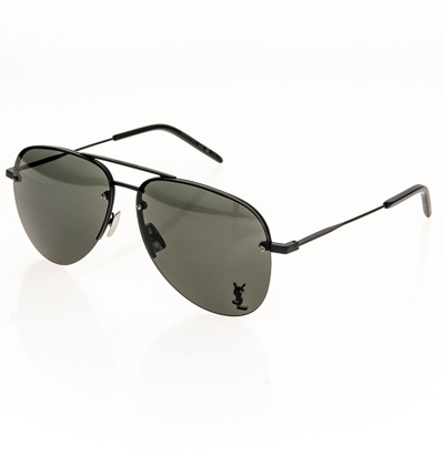 Pre-owned Saint Laurent Matte Black Classic 11 Ysl 001 Unisex Aviator Logo Sunglass Sl11m In Gray