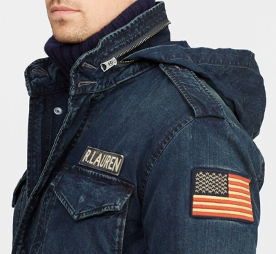 Pre-owned Polo Ralph Lauren Mens Denim Hooded Military Field Patch Jacket Size 2xl In Blue