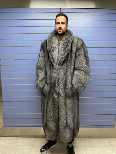 Pre-owned Fox Luxury Full Skin Frost  Fur Mens Coat Real Fur Long Coat Skin To Skin Frost In Silver