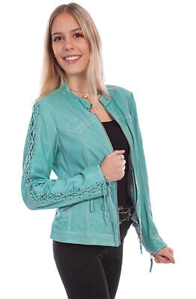 Pre-owned Scully Womens Blue River Leather Laced Sleeve Jacket